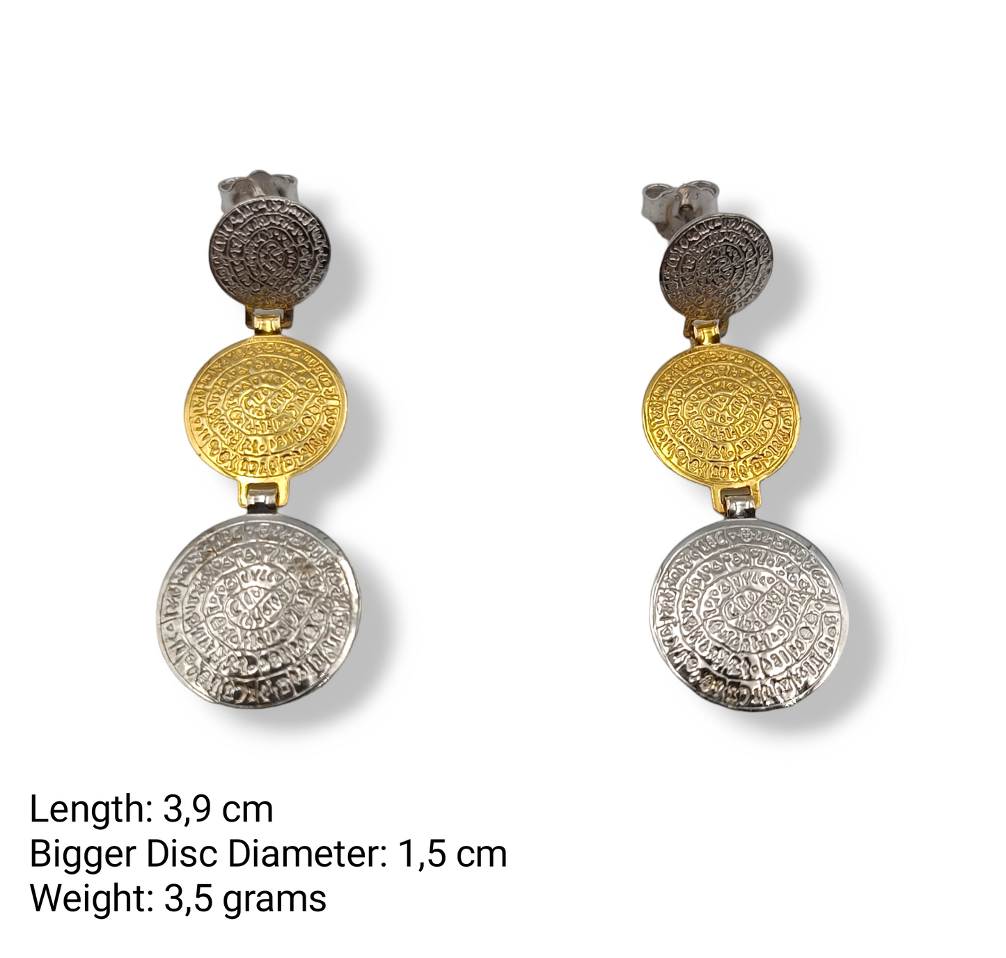 Silver two-toned Disc of Phaistos earrings