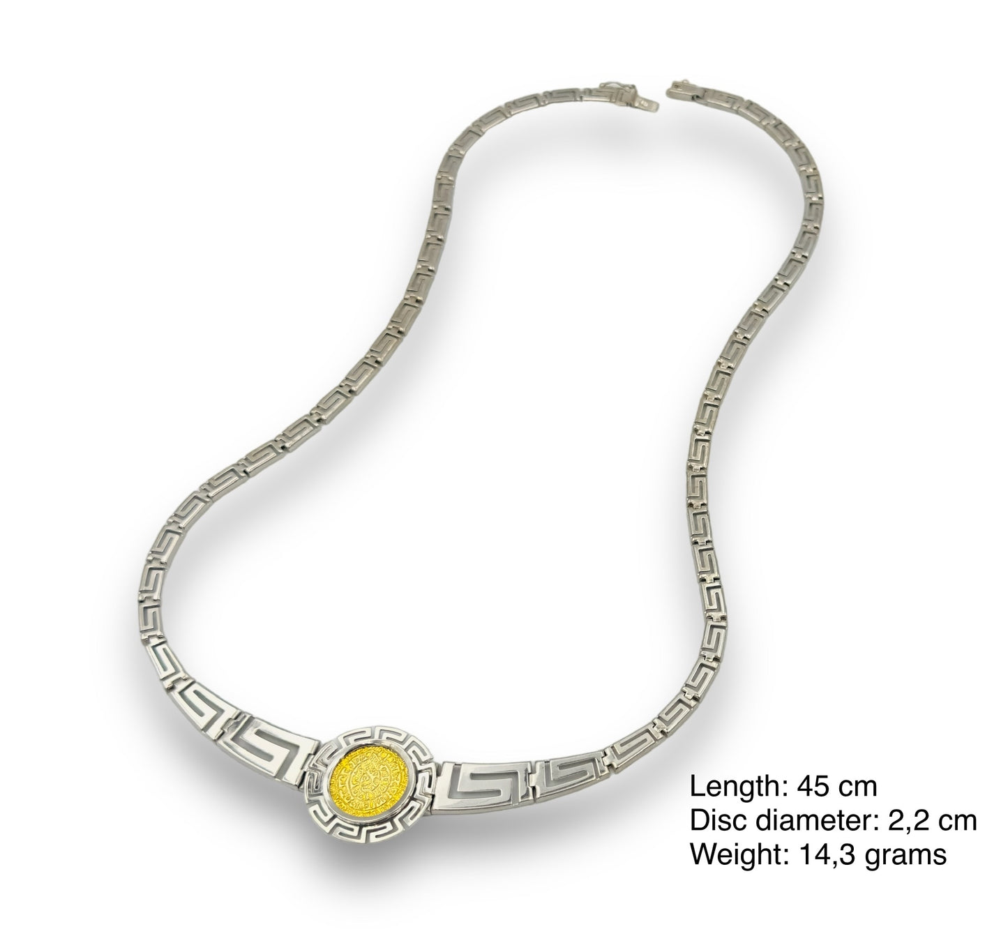 Silver two-toned Disc of Phaistos necklace enclosed with Meander design