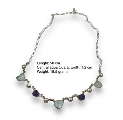 Silver Amethyst and aqua Quartz stones necklace