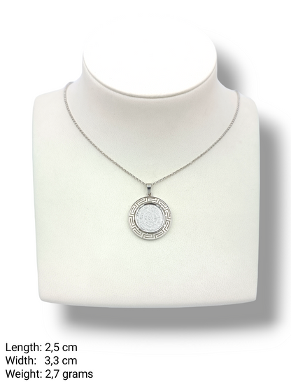 Silver Disc of Phaistos pendant enclosed with matte Meander design