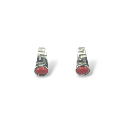 Silver Meander design with red Coral stone earrings