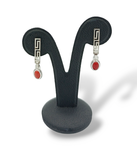 Silver Meander design with red Coral stone earrings