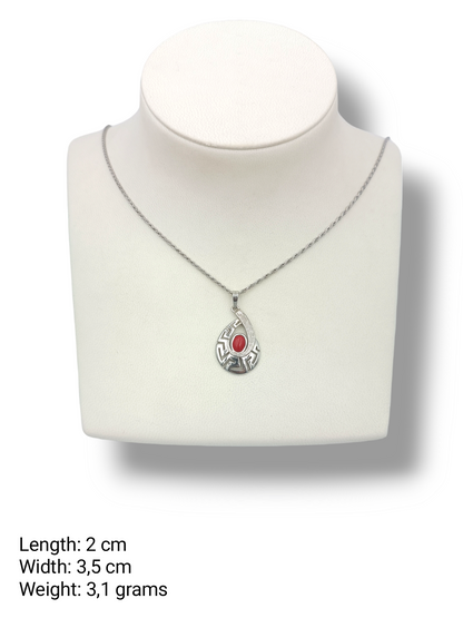 Silver Meander design pendant with red Coral stone