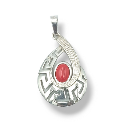 Silver Meander design pendant with red Coral stone