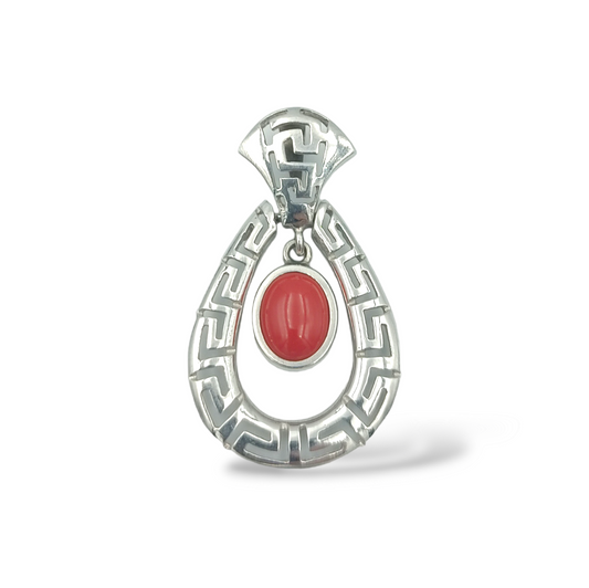 Silver Meander design pendant with red Coral stone