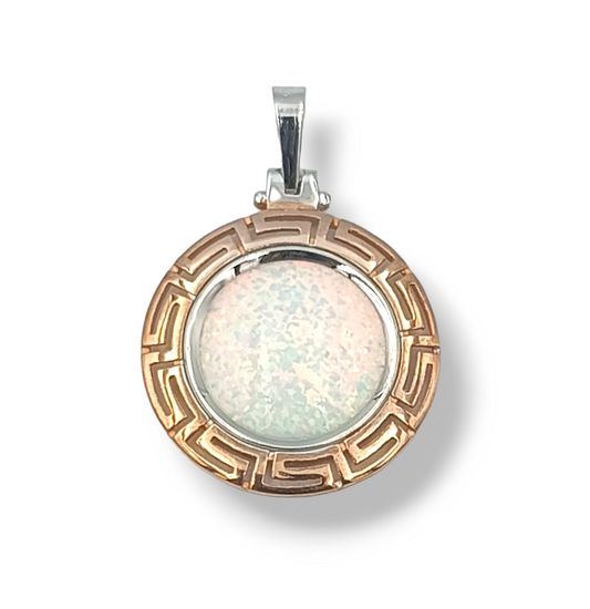 Silver Meander design pendant with white synthetic Opal stone