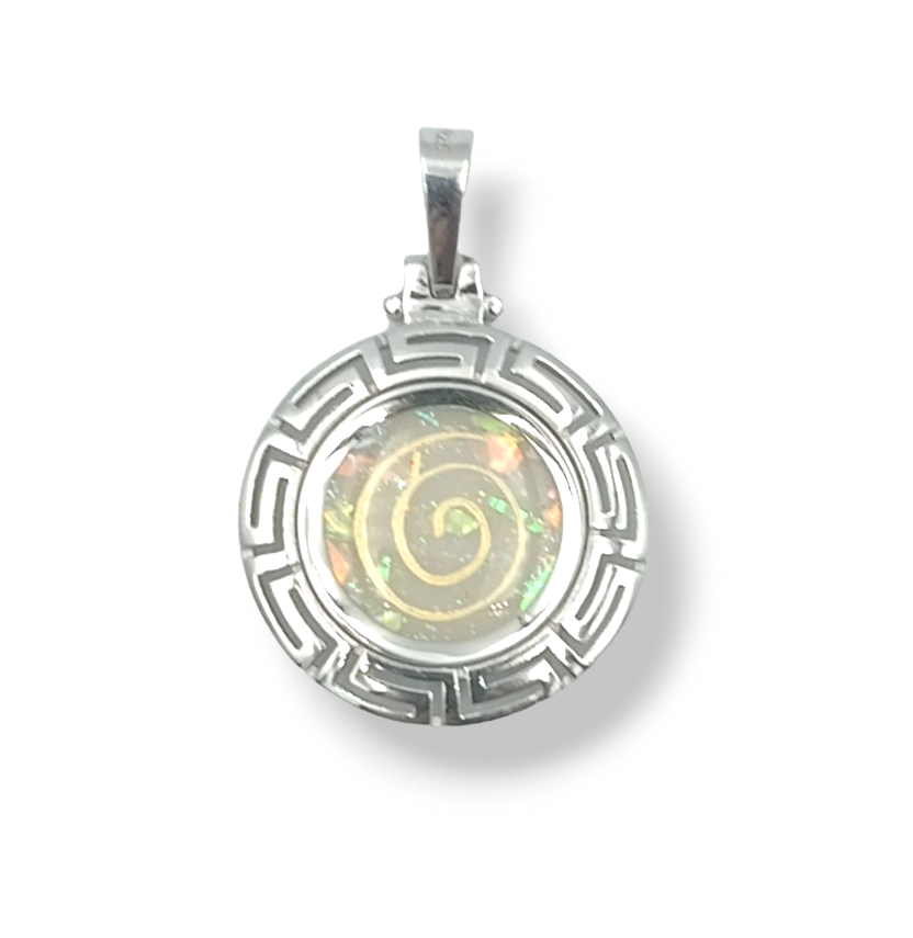 Silver Meander design pendant with white synthetic Opal stone