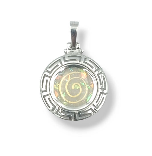 Silver Meander design pendant with white synthetic Opal stone