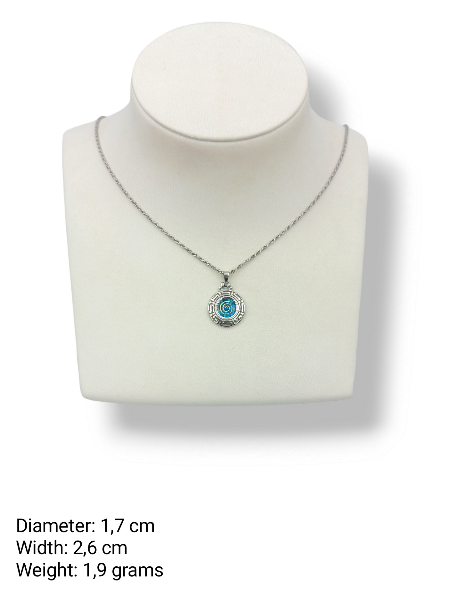 Silver Meander design pendant with blue synthetic Opal stone