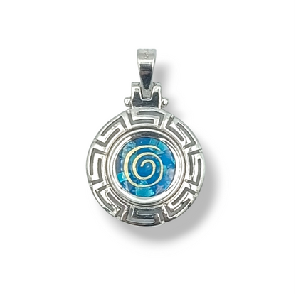 Silver Meander design pendant with blue synthetic Opal stone