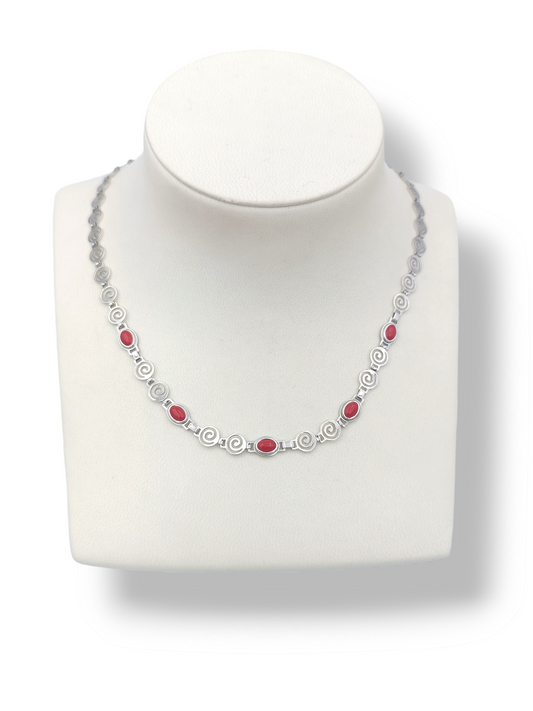 Silver Spiral design necklace with red Coral stones