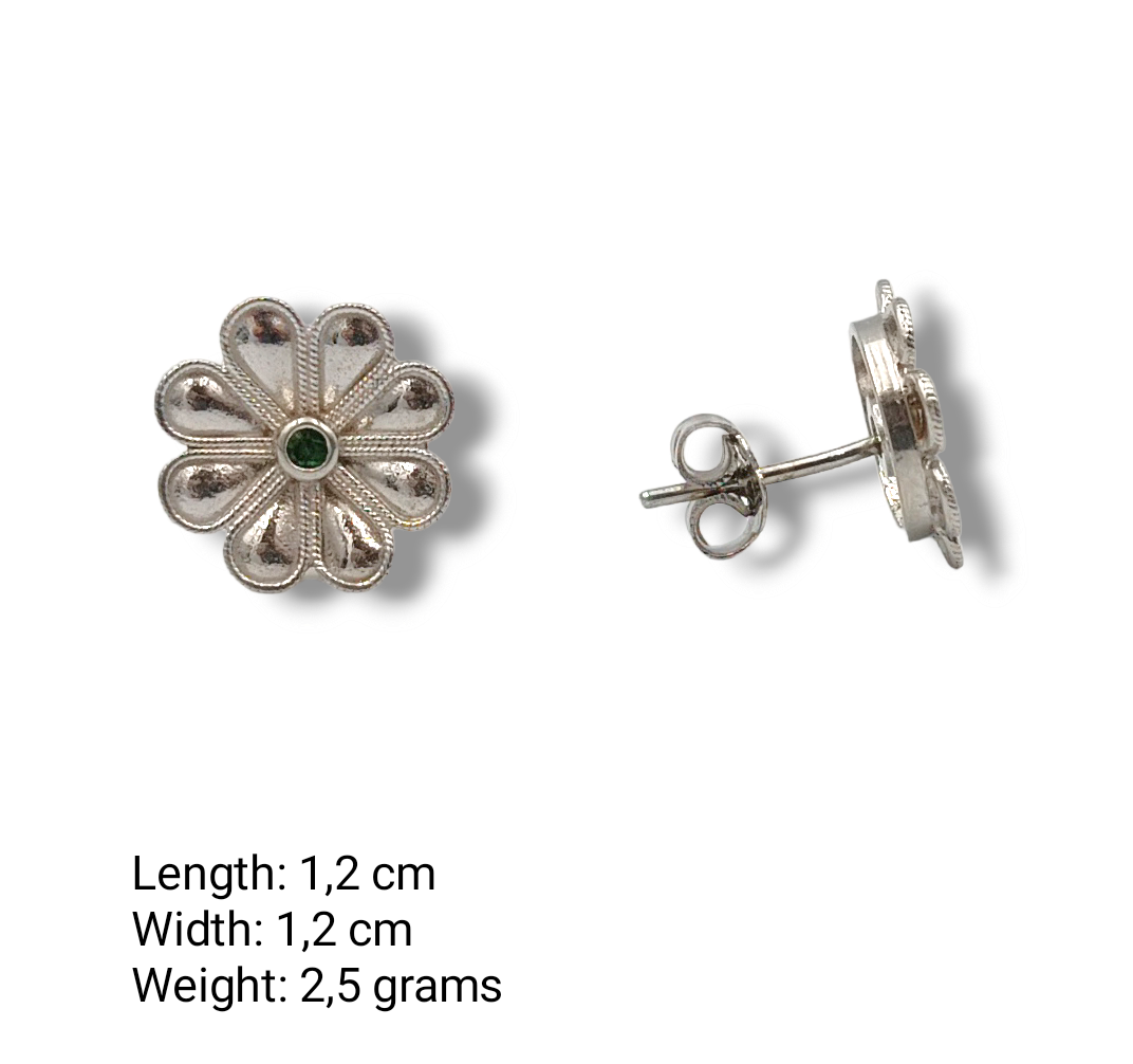 Silver flower design earrings with green synthetic Zircon