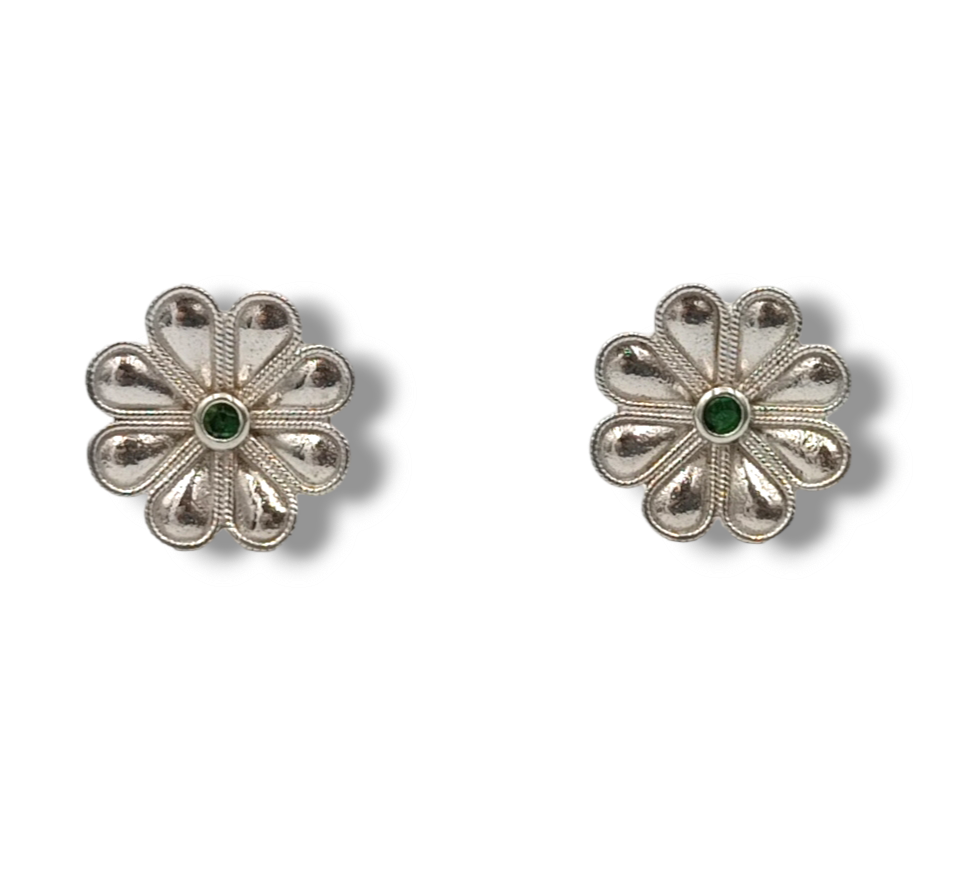 Silver flower design earrings with green synthetic Zircon