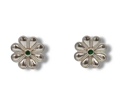 Silver flower design earrings with green synthetic Zircon