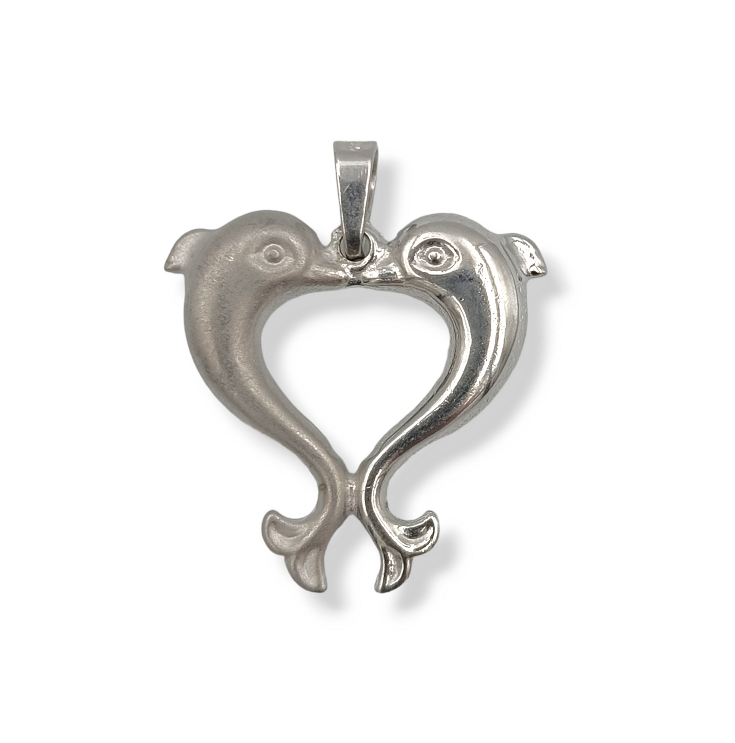 Silver Dolphins heart-shaped design matte and shiny pendant