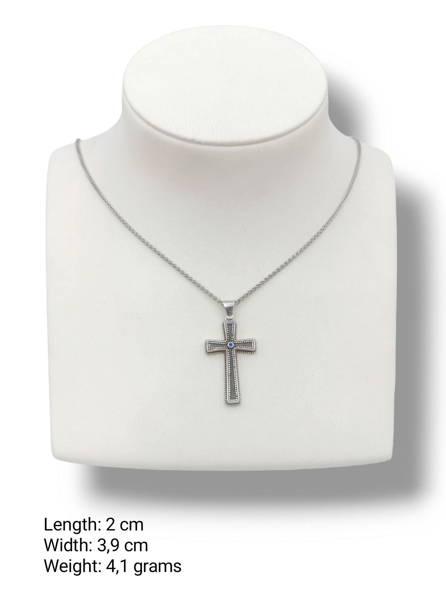 Silver Cross pendant with synthetic blue Zircon stone