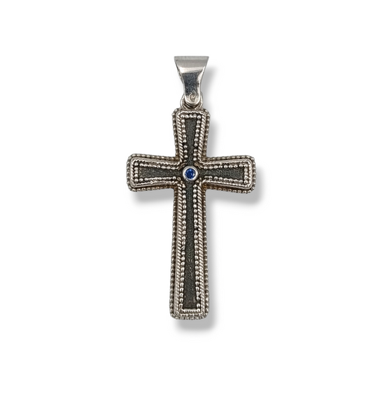 Silver Cross pendant with synthetic blue Zircon stone