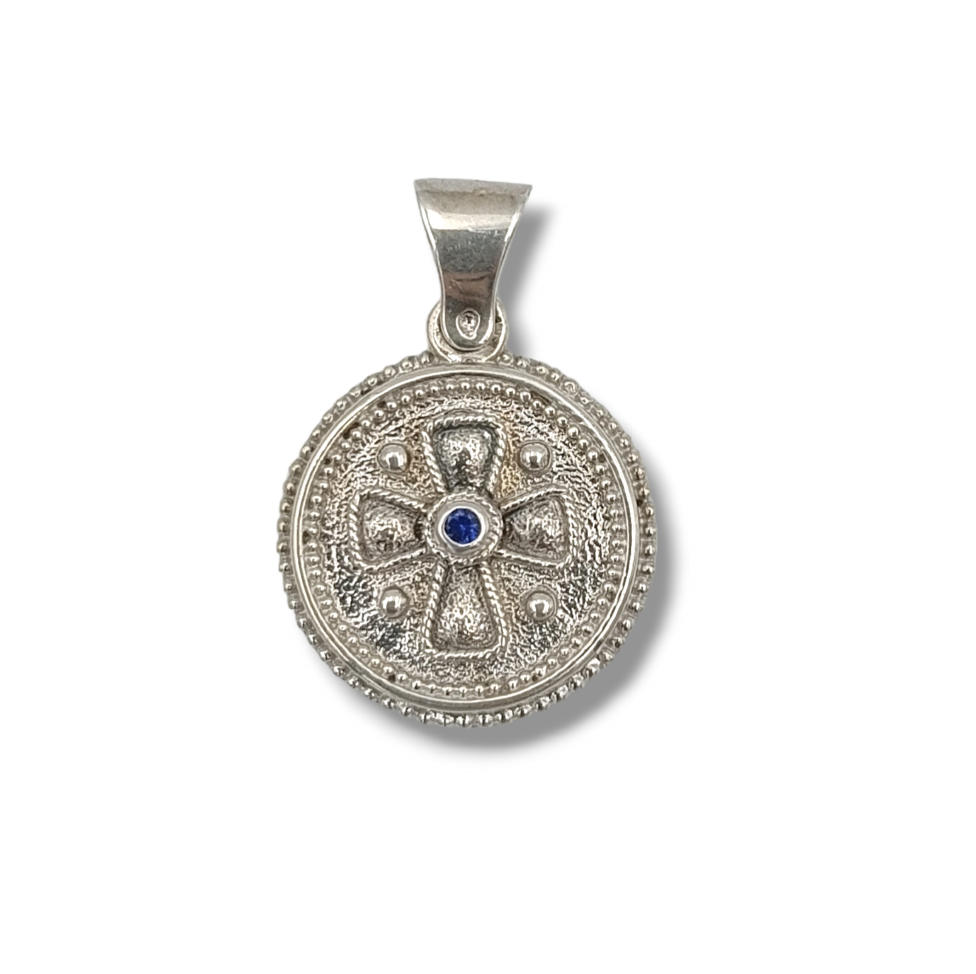 Silver Cross pendant with synthetic blue Zircon stone