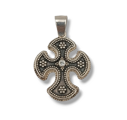 Silver Cross pendant with synthetic white Zircon stone