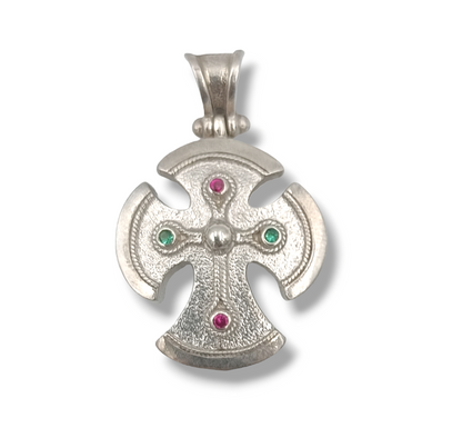 Silver Cross pendant with synthetic green and red Zircon stones