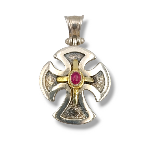 Silver two-toned Cross pendant with synthetic red Zircon stone