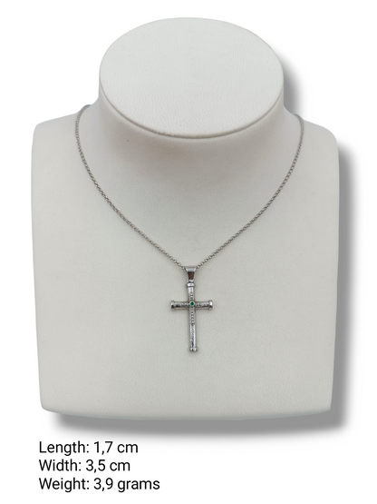 Silver Cross pendant with synthetic green Zircon stone