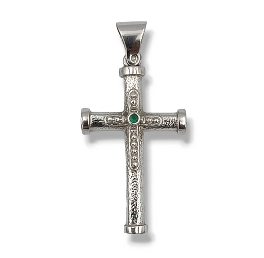 Silver Cross pendant with synthetic green Zircon stone