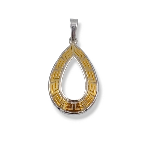 Silver two-toned drop-shaped Meander design pendant