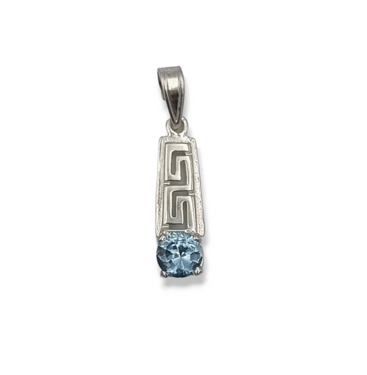 Silver Meander design pendant with synthetic light blue Zircon stone