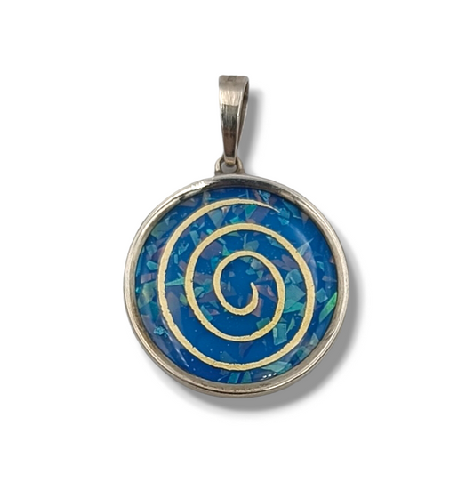 Silver Spiral design pendant with blue synthetic Opal stone