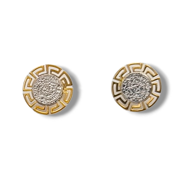 Gold two-toned Disc of Phaistos earrings enclosed with Meander design