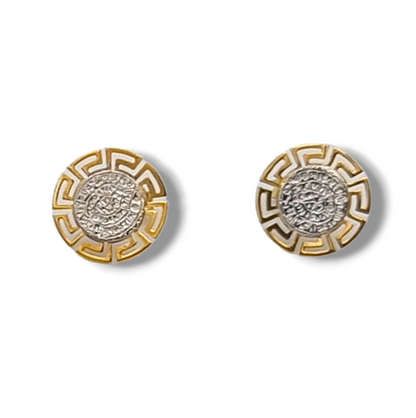 Gold two-toned Disc of Phaistos earrings enclosed with Meander design