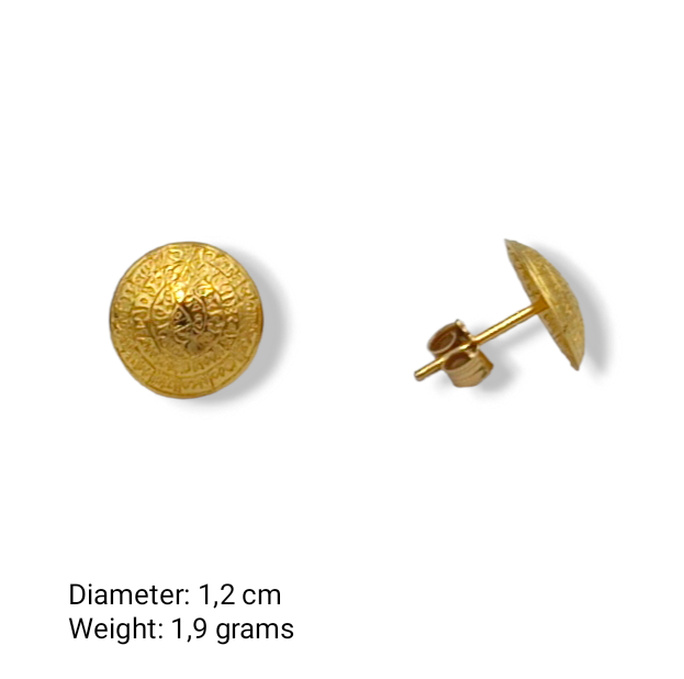 Gold Disc of Phaistos earrings with Bombe design