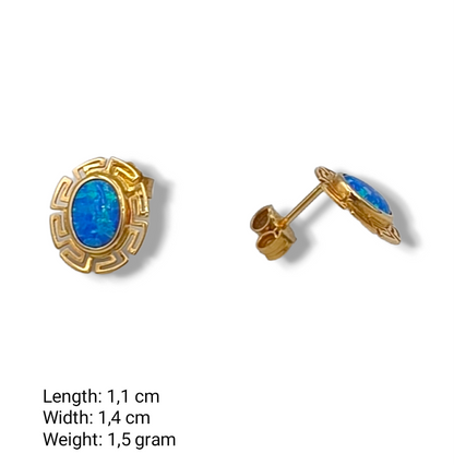 Gold Meander design earrings with synthetic blue Opal stones