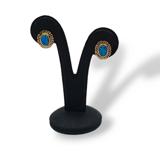 Gold Meander design earrings with synthetic blue Opal stones