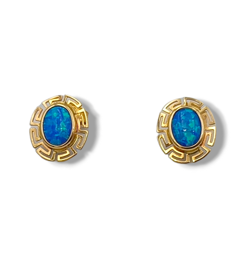 Gold Meander design earrings with synthetic blue Opal stones