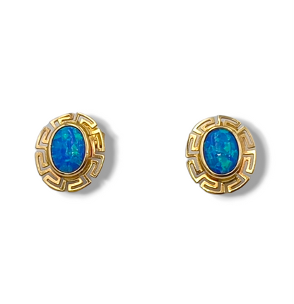 Gold Meander design earrings with synthetic blue Opal stones