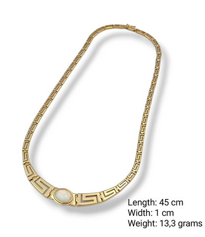 Gold Meander design necklace with white synthetic Opal stone