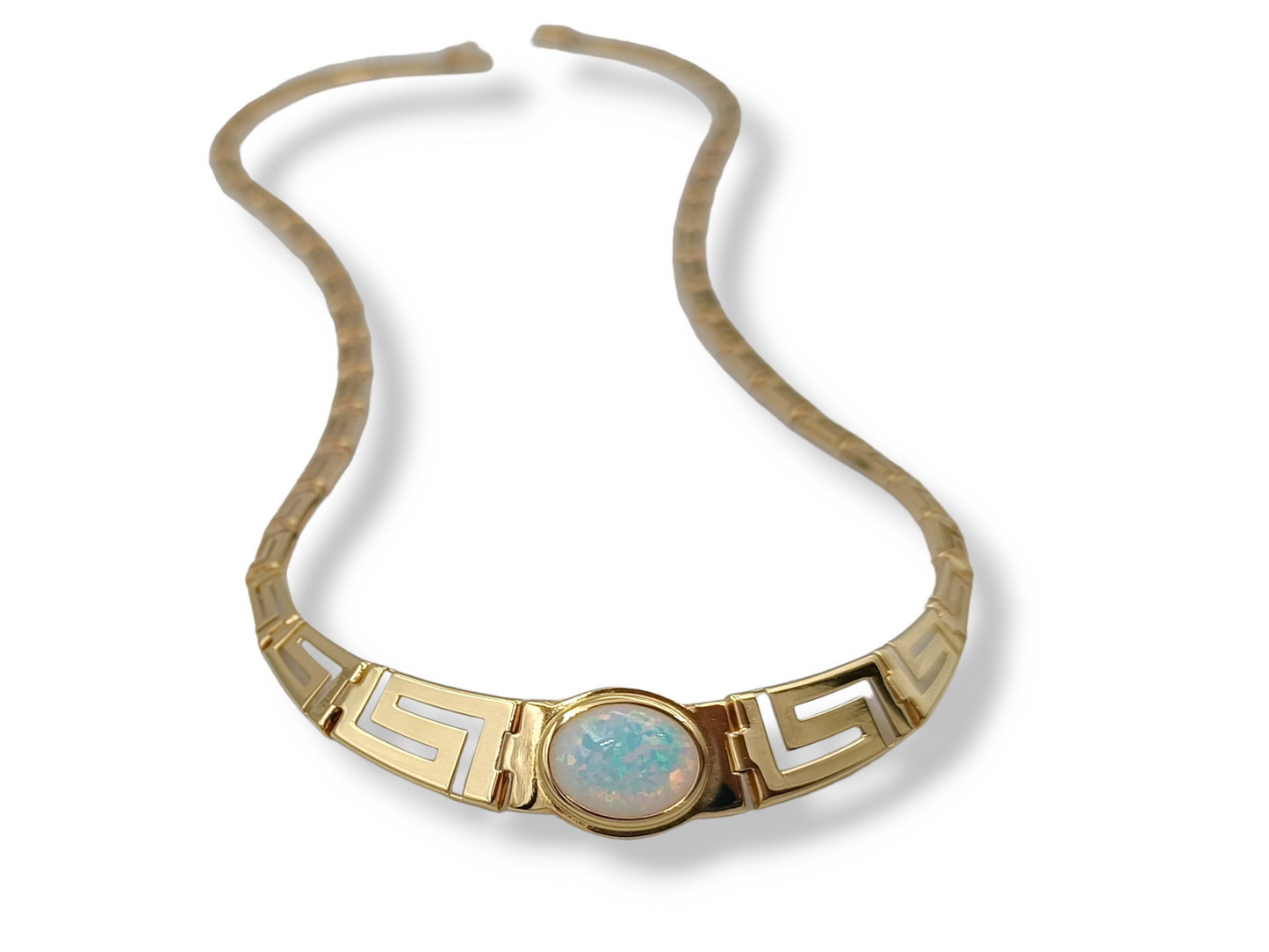 Gold Meander design necklace with white synthetic Opal stone