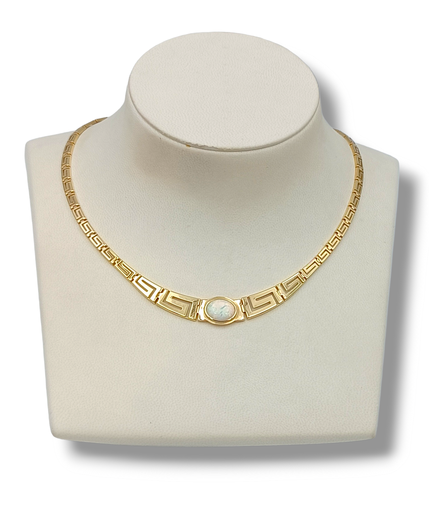 Gold Meander design necklace with white synthetic Opal stone