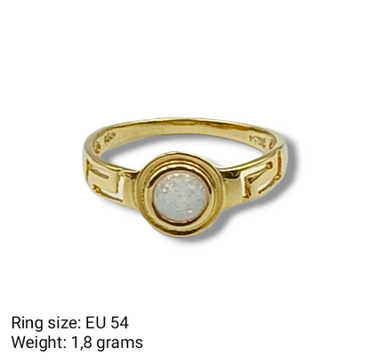 Gold Meander design ring with white synthetic Opal stone