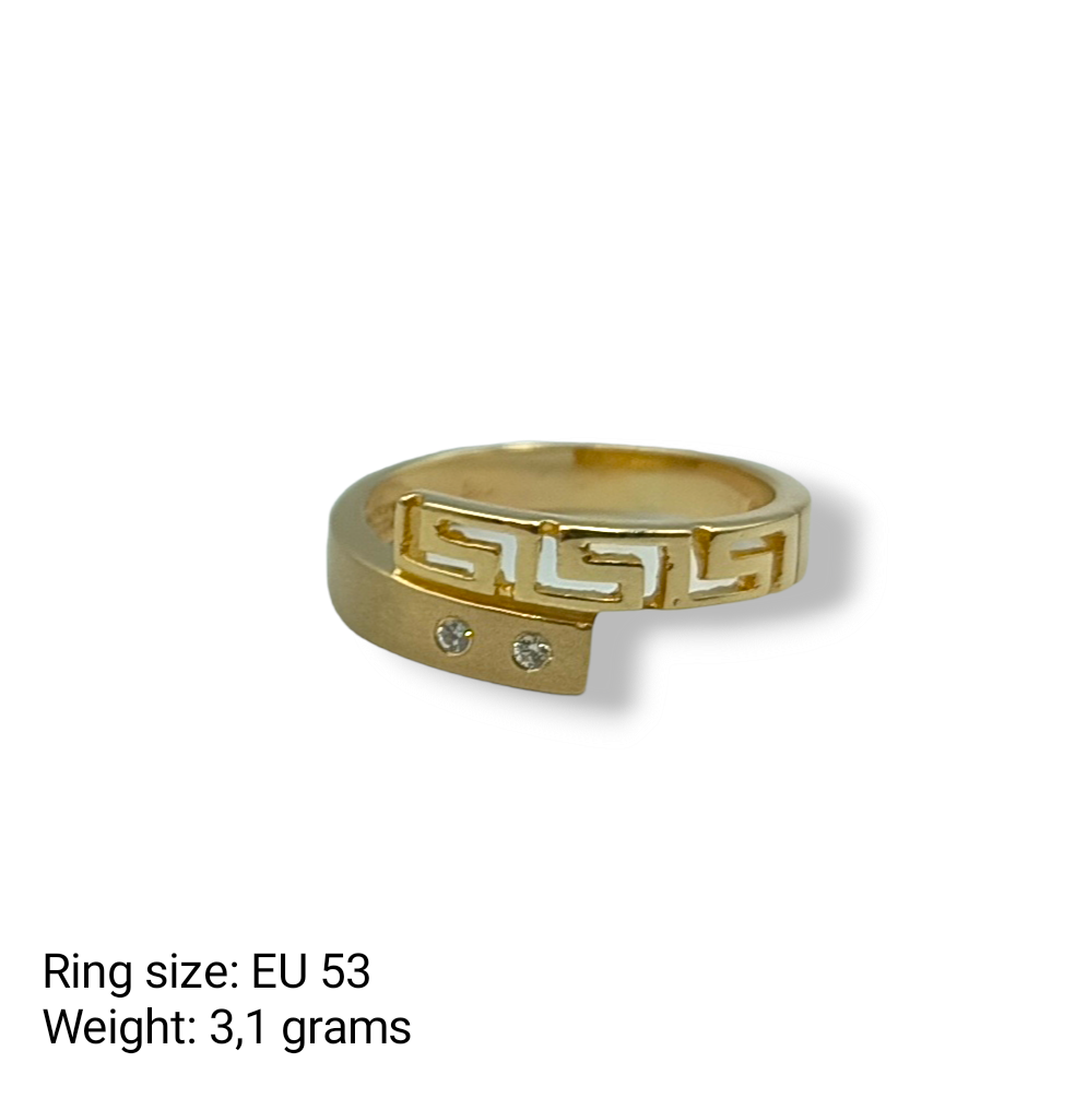 Gold two-toned Meander design ring with synthetic Zircon stones