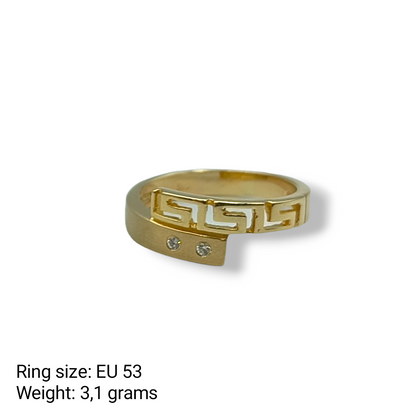 Gold two-toned Meander design ring with synthetic Zircon stones