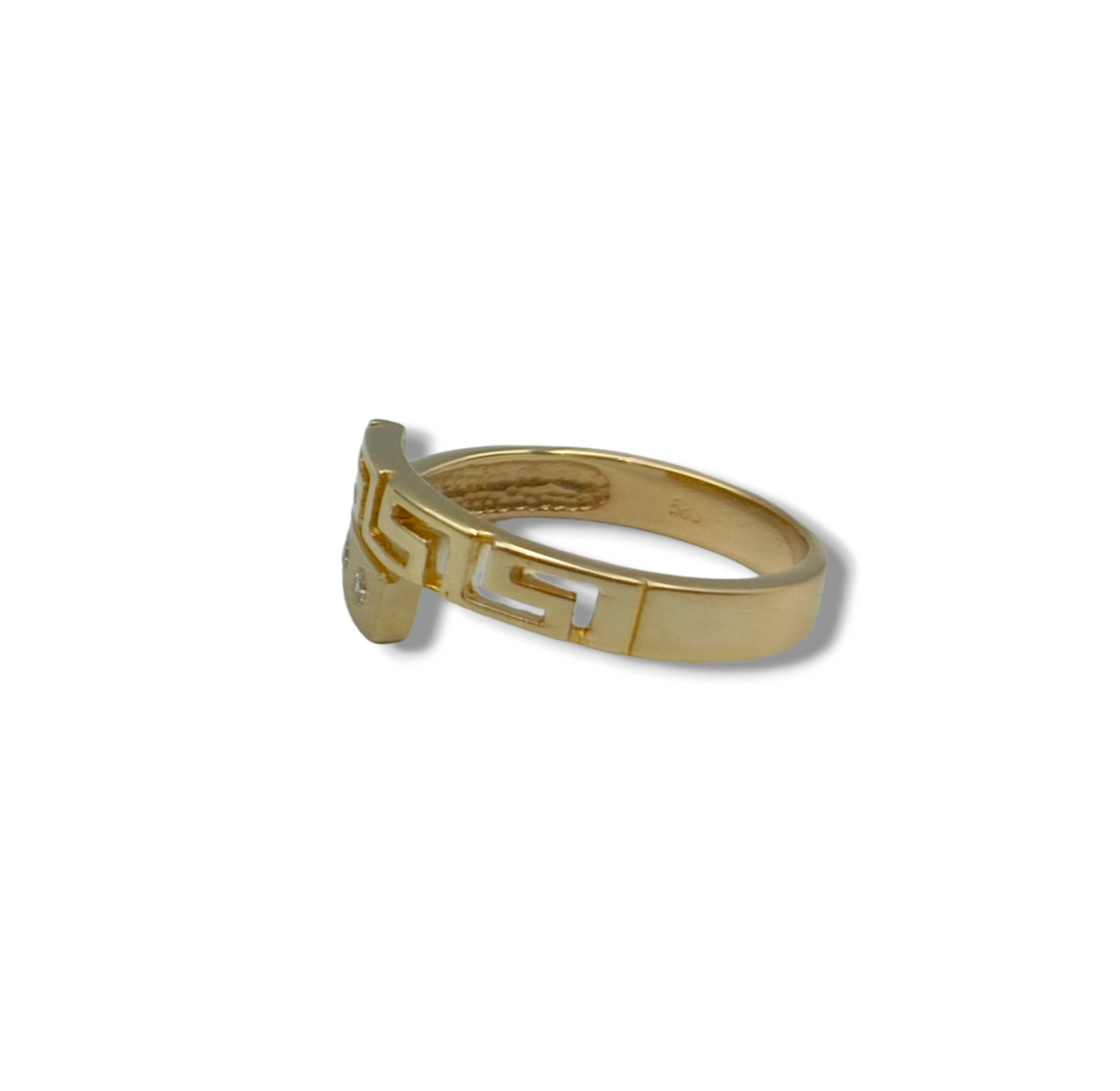 Gold two-toned Meander design ring with synthetic Zircon stones