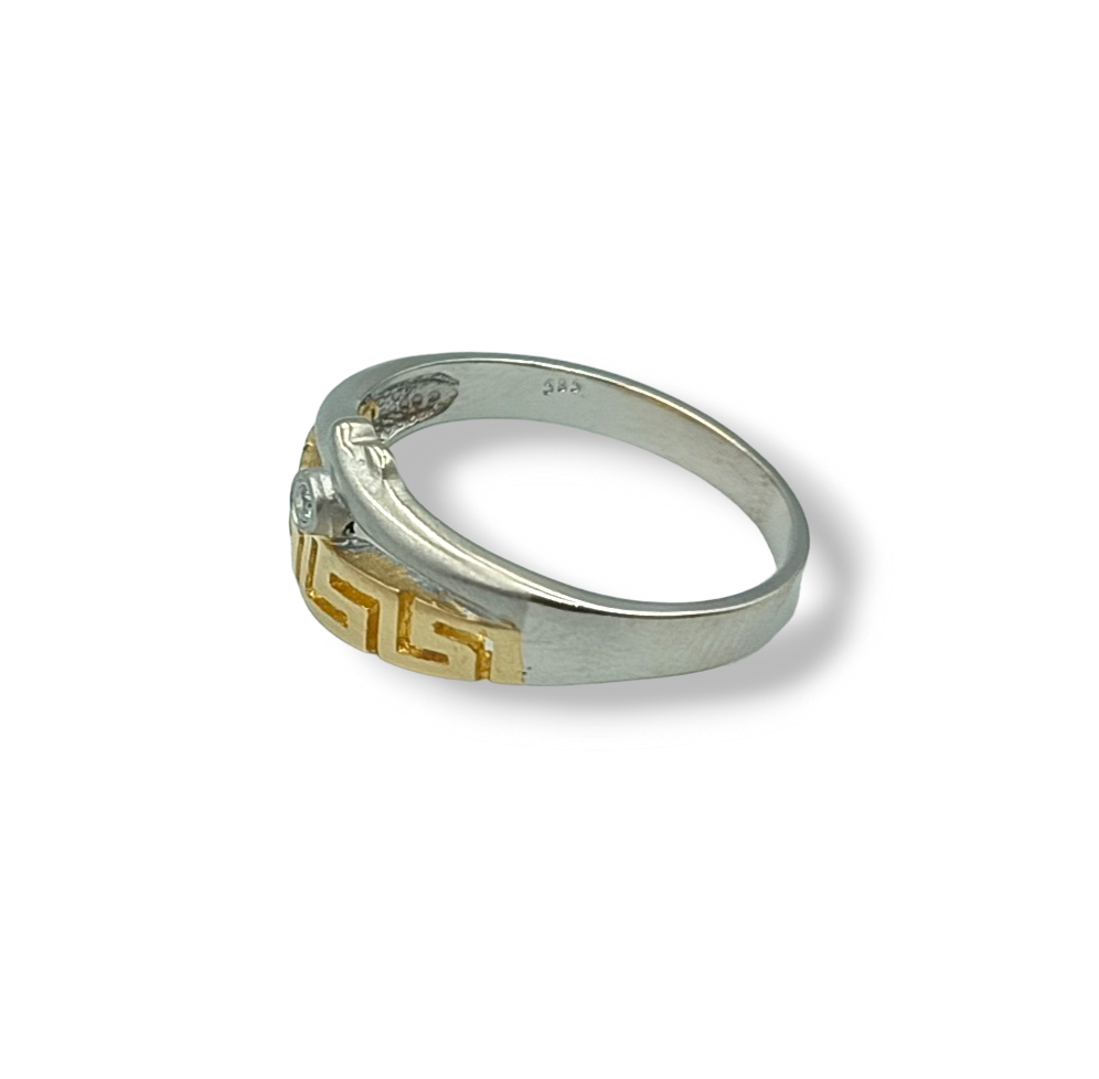 Gold two-toned Meander design matte and shiny ring with synthetic Zircon stone