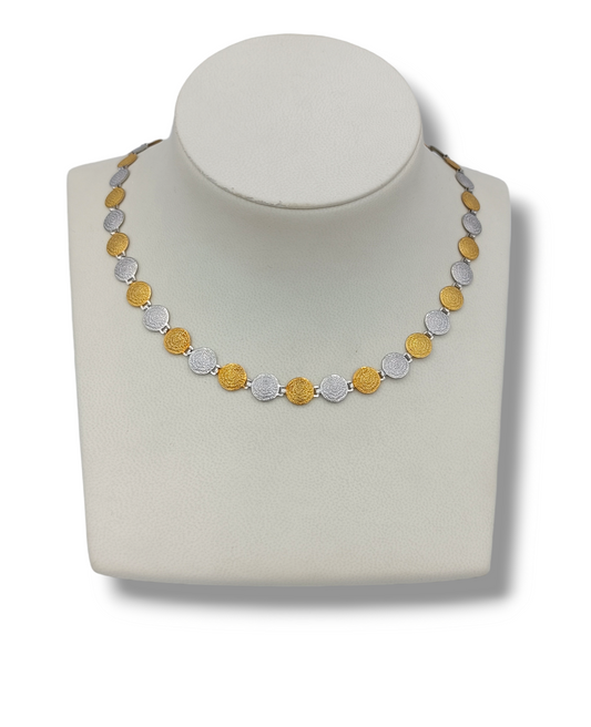 Silver two-toned Disc of Phaistos design necklace