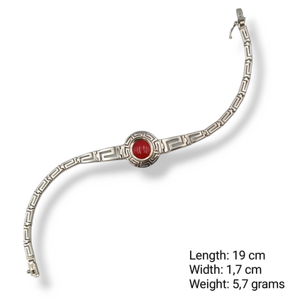 Silver Meander design bracelet with red Coral stone