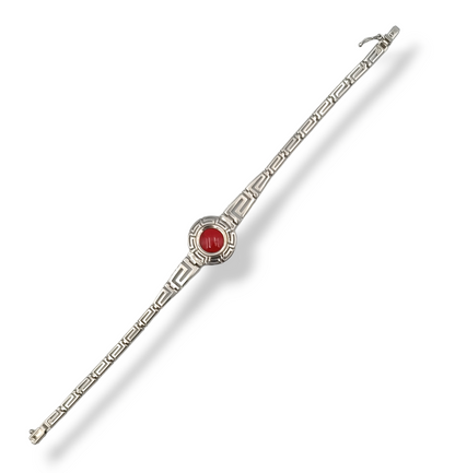 Silver Meander design bracelet with red Coral stone