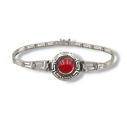 Silver Meander design bracelet with red Coral stone