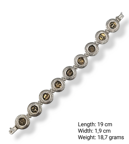 Silver 9 Greek scenes bracelet with Meander design